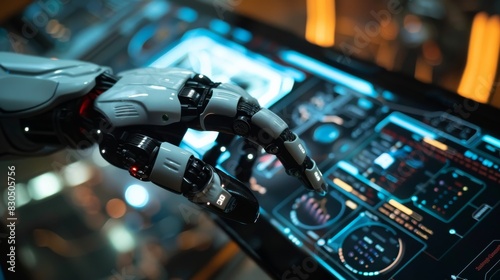 robotic hand tapping on a touchscreen, advanced technology integration such as speech recognition image processing and AI symbolizing the convergence of robotics and modern communication technologies