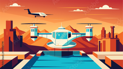 The eVTOL descended towards its final destination a luxurious desert hotel complete with a rooftop pool and an openair bar offering breathtaking views of the futuristic city below.. Vector