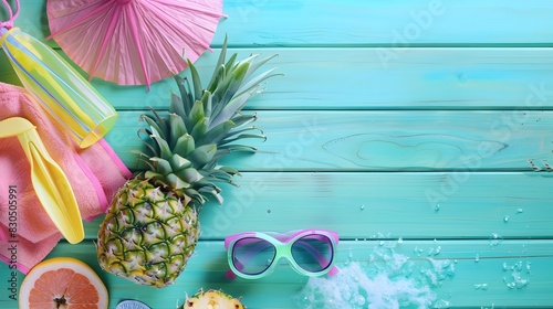 Ripe pineapple and beach sea life style objects over pastel mint blue wooden background. Tropical summer vacation concept.  photo