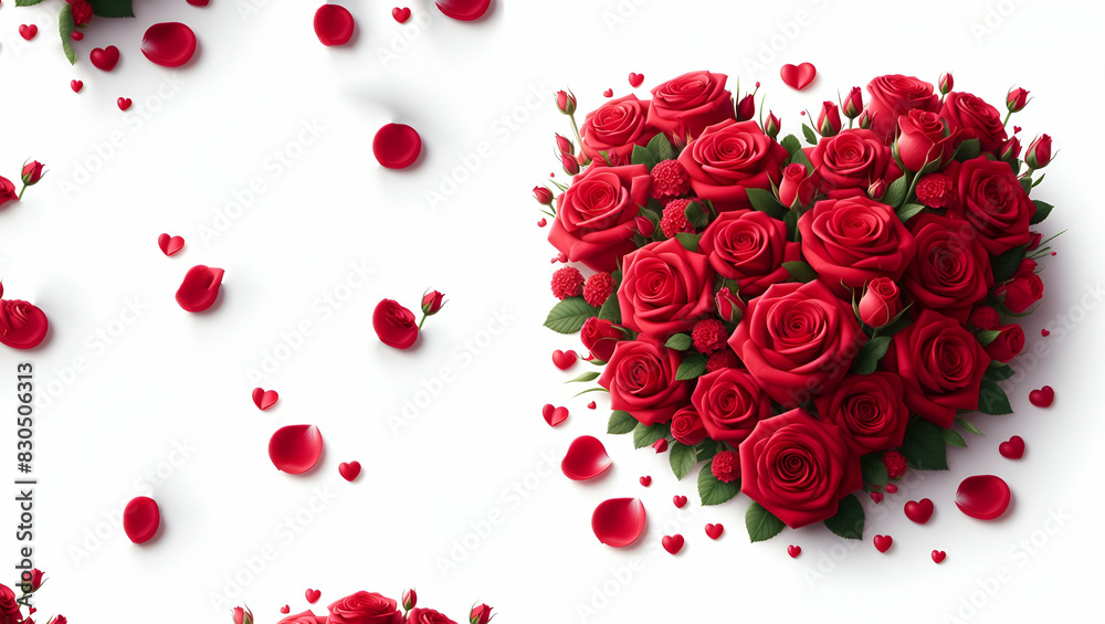 Heart red roses and leaves on a white background, generative ai