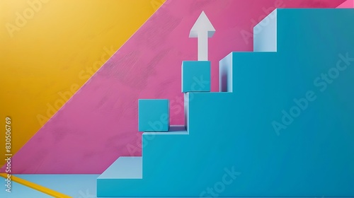 Blue metal block stacking as step stair with white arrow up on colorful background ladder of success in business growth concept