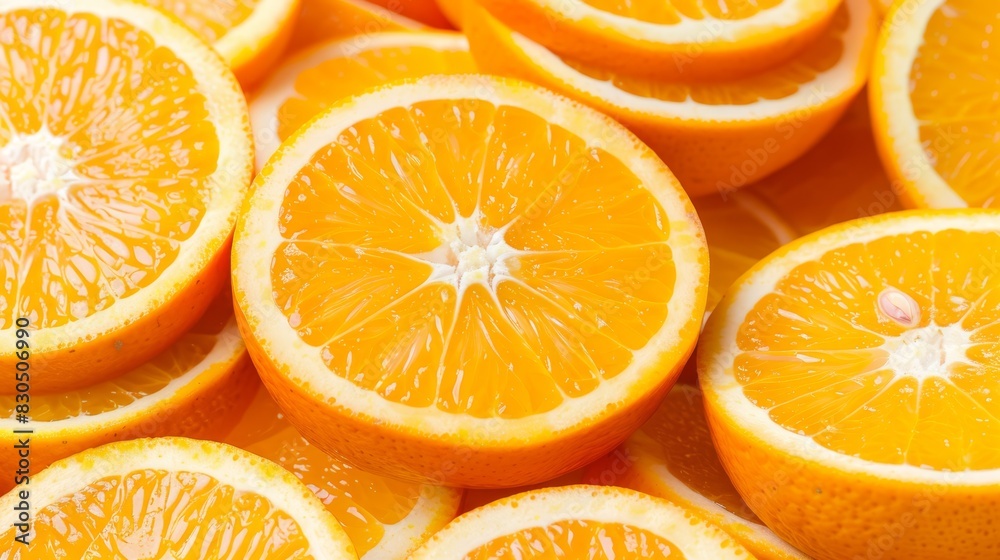 A pile of sliced oranges atop two piles and a bed of whole oranges A pile of sliced oranges atop two piles and a bed of whole oranges