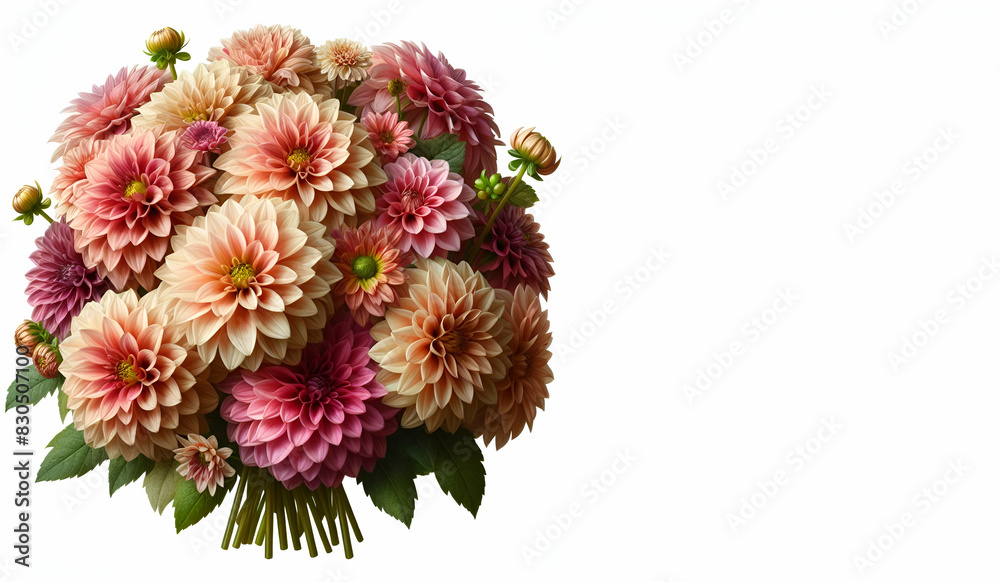 A bouquet of pink and pink flowers on a white background, generative ai