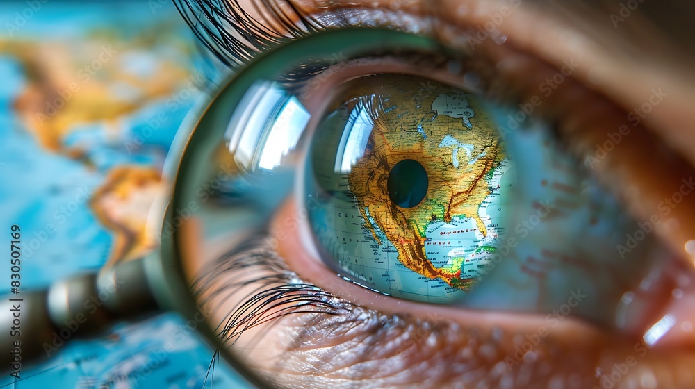 Close up of the eye as if looking through a magnifying glass at the world map