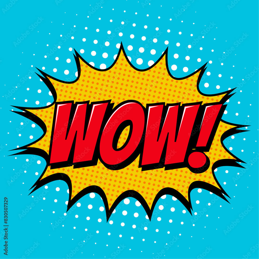 Fototapeta premium Comic lettering wow. Vector bright cartoon illustration in retro pop art style. Comic text sound effects.