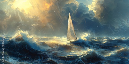 Landscape oil painting features battleship sail boat in the stormy sea ocean, moody vintage classic wall art, background, wallpaper  photo