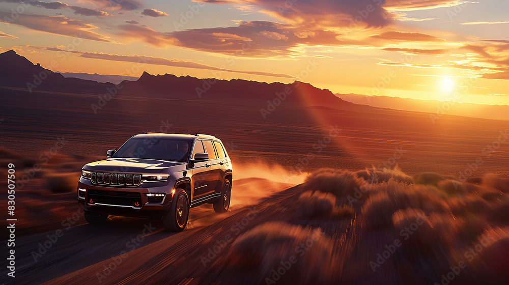 Suvs in the desert at sunset Suvs in the desert at sunset