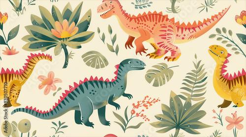 Seamless pattern with different types of dinosaurs with trees  floral and leaves  background useful for wallpaper  nursery  textile  wrapping paper