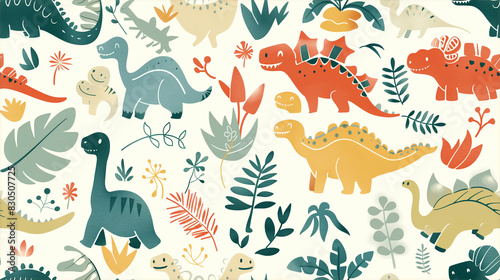 Seamless pattern with different types of dinosaurs with trees  floral and leaves  background useful for wallpaper  nursery  textile  wrapping paper