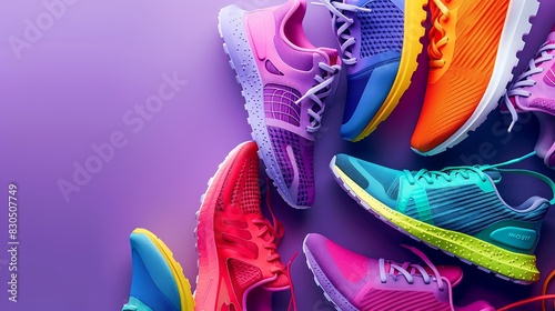 Colorful sport shoes on purple color backround modern fashion sneakers print concept