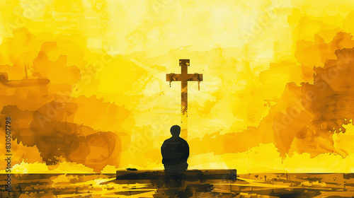 Christian man sitting directly in front of a cross with golden light and clouds all around. Watercolor illustration in golden yellow tones. Golden yellow represent generosity, hope, heaven, tithing photo