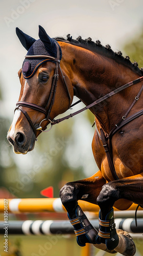 Focused Show Jumping Horse Mid-Air Over Hurdle During Equestrian Event in Daylight, Highlighting Precision and Agility in Competitive Sports photo