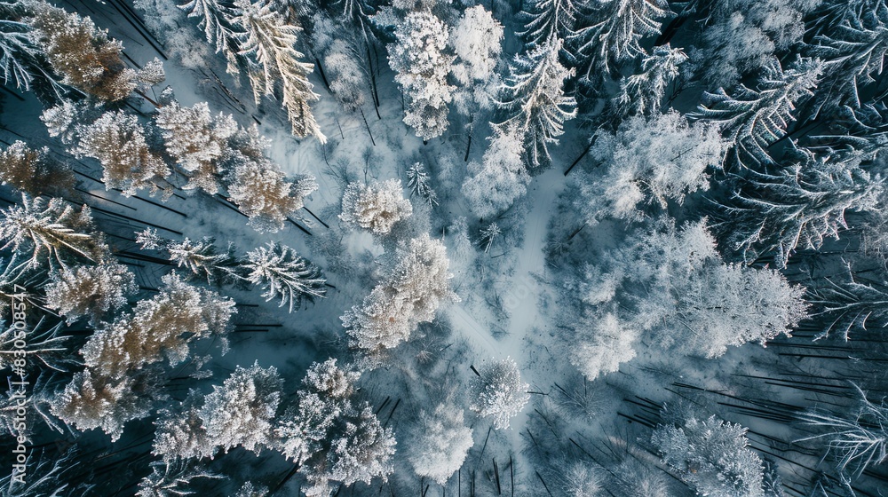 Fototapeta premium A winter scene shows a dense forest covered in snow, with a multitude of trees creating a picturesque landscape.