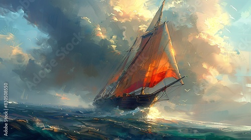 Fototapeta Naklejka Na Ścianę i Meble -  Landscape painting features battleship sail boat in the sea ocean, during sunset,  moody vintage classic wall art, background, wallpaper 