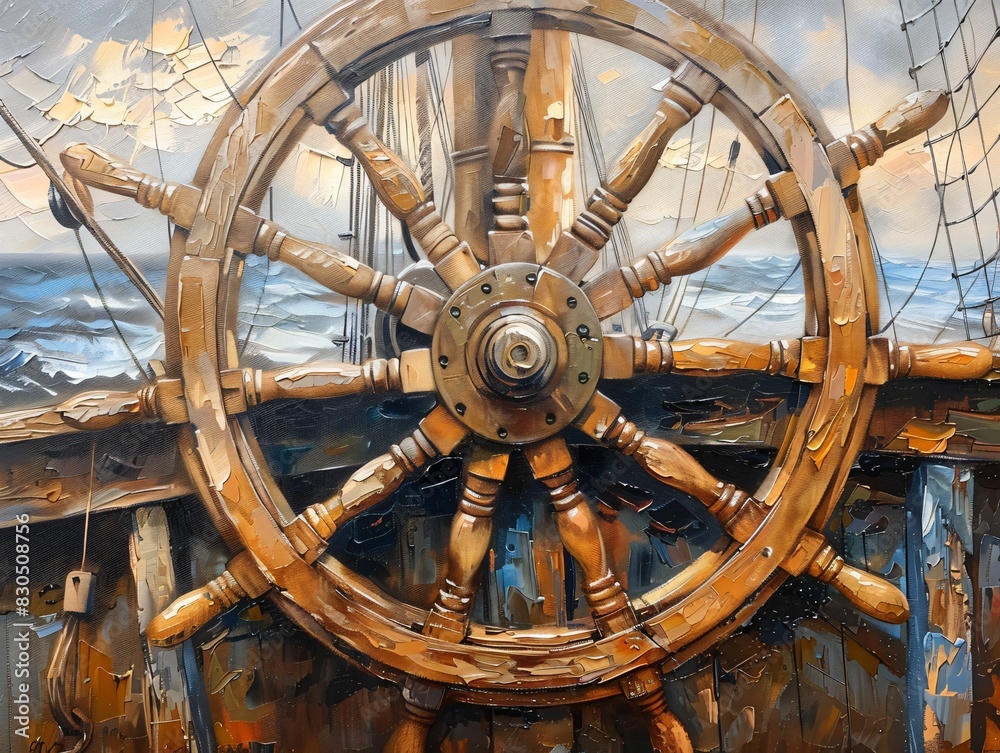 Landscape oil painting features old ship wheel on an old warship, vintage classic wall art, background, wallpaper 
