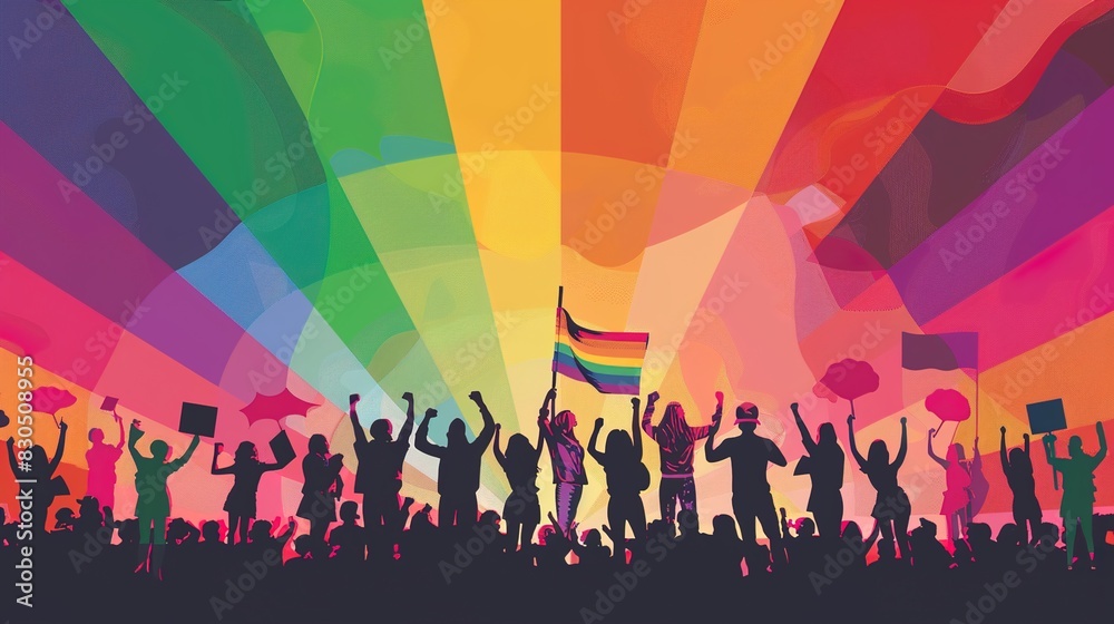 Celebration for Pride Month 2024: Empowering and united LGBTQ+ activists stand strong on stage with fists raised in solidarity. Vibrant rainbow flag backdrop and cheering crowd. Celebration for Pride Month 2024: Empowering and united LGBTQ+ activists stand strong on stage with fists raised in solidarity. Vibrant rainbow flag backdrop and cheering crowd.