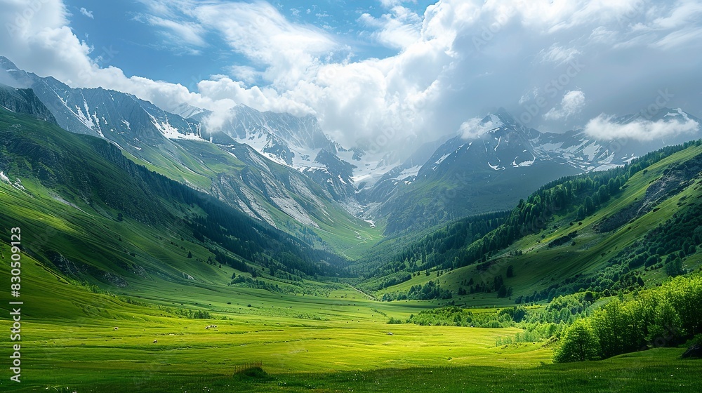 Fototapeta premium Summer mountainscape with panoramic view of alpine landscape, snowy peaks, lush green meadows, and cloudy sky