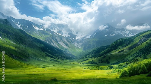 Summer mountainscape with panoramic view of alpine landscape, snowy peaks, lush green meadows, and cloudy sky photo