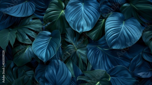  A close-up of various green and blue leaves against a backdrop of a blue-green leafy wall
