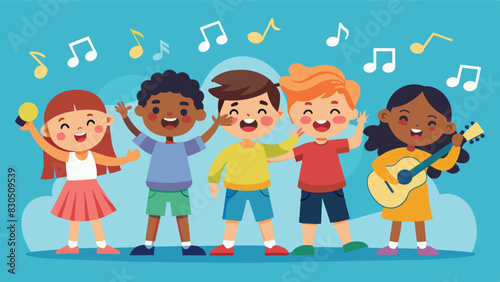 A group of children perform an energetic and uplifting song spreading joy and positivity through their talent.. Vector illustration