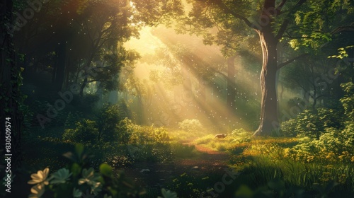 Sunlight filtering through the forest in the spring