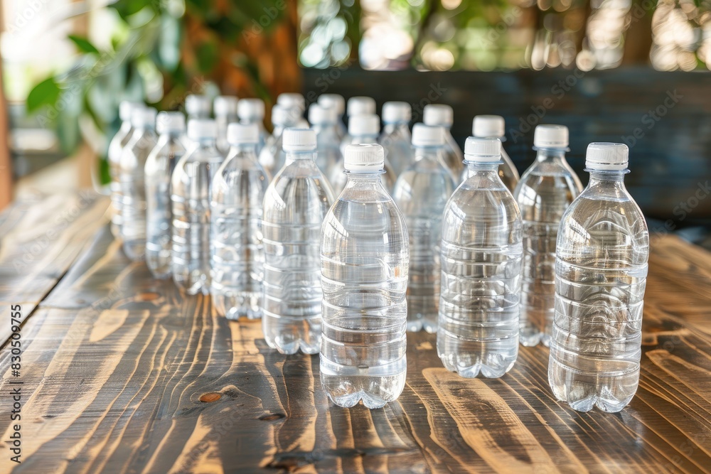 Plastic water bottles arranged neatly on a wooden surface, reflecting themes of hydration and recycling Plastic water bottles arranged neatly on a wooden surface, reflecting themes of hydration and recycling