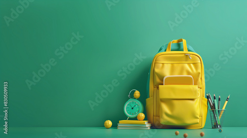 yellow school bag and supplies on green background 