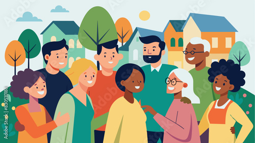 A sense of camaraderie and unity as residents of different backgrounds work together towards a common goal of creating a cleaner and greener neighborhood.. Vector illustration