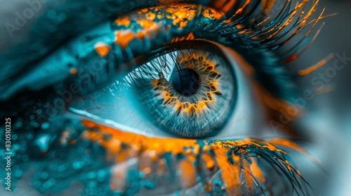  A close-up of an eye with a painted iris - blue and orange hues applied Iris dotted with water droplets photo