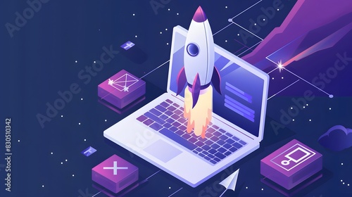 Rocket launch and laptop illustrating SEO technology and rapid digital growth