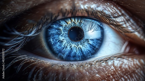  A close-up of a blue eye with a single black circle in the iris