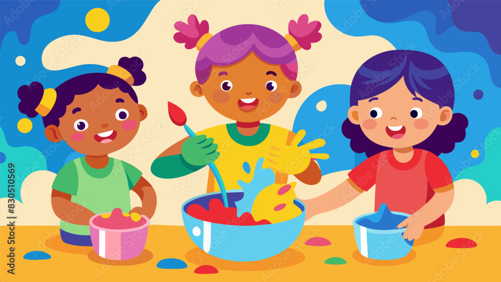 Little hands carefully mixing paints to create a vibrant masterpiece.. Vector illustration Little hands carefully mixing paints to create a vibrant masterpiece.. Vector illustration