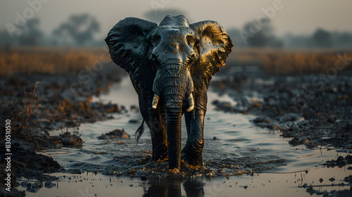 An elephant struggles to find water in hot weather,the impact of global warming and the climate crisis. the urgent need for climate action and wildlife conservation in the face of rising temperatures.