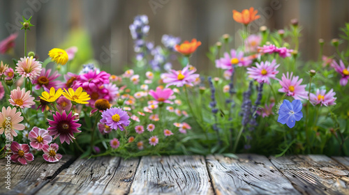 colorful garden flowers over wood