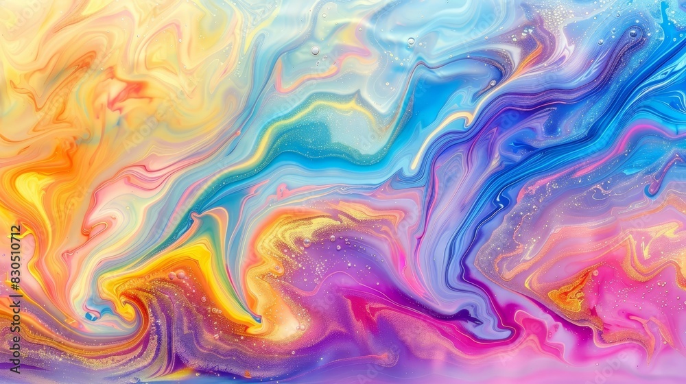  A vibrant fluid painting at the image's base, featuring swirling white, blue, yellow, pink, and purple hues
