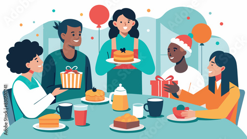 A volunteer brunch at a local restaurant where volunteers are treated to a special menu and customized gifts while also being recognized for their incredible dedication.. Vector illustration