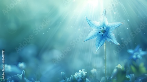  A blue flower blooms in a field filled with identical blue counterparts Sunlight bathes the ground beneath this vibrant cluster The flowers at the center of the scene share their hue photo