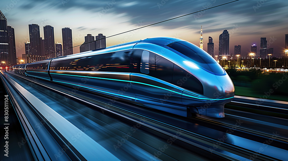 A high-speed maglev train with a futuristic design featuring a blue and silver color scheme speeds along the track in front of a city skyline at dusk. A high-speed maglev train with a futuristic design featuring a blue and silver color scheme speeds along the track in front of a city skyline at dusk.