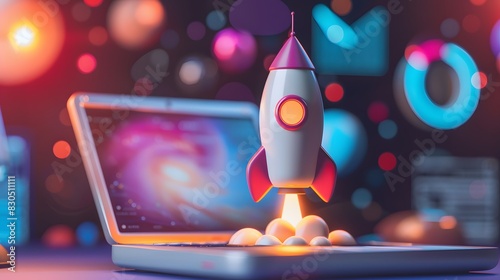 SEO technology represented by a laptop and rocket, highlighting growth and innovation in digital marketing