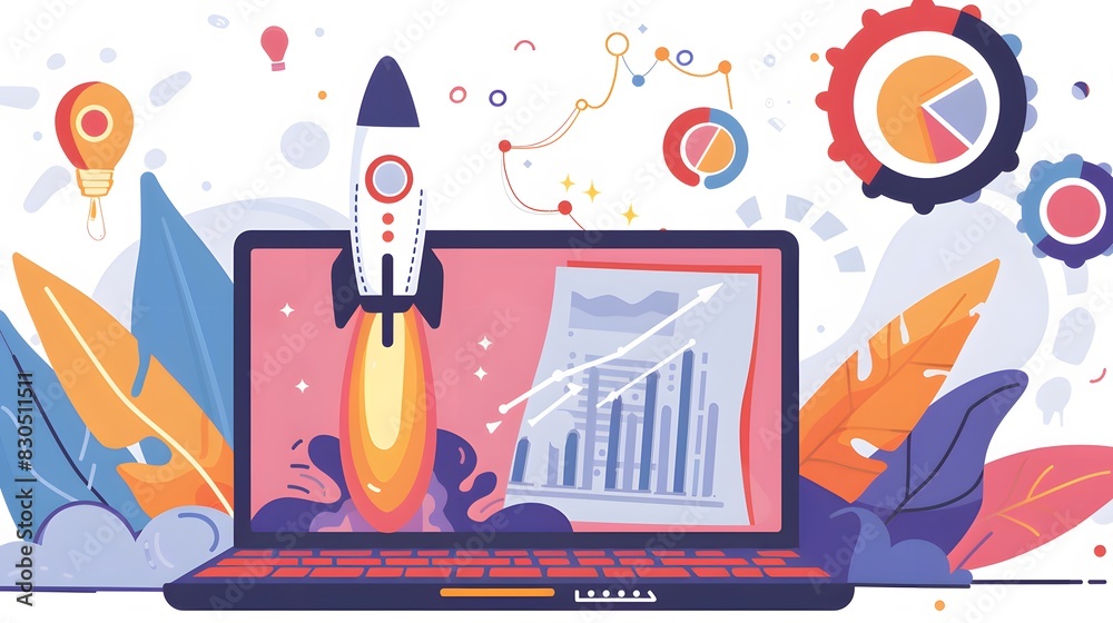 Obraz premium SEO technology and growth illustrated with a laptop and a rocket taking off