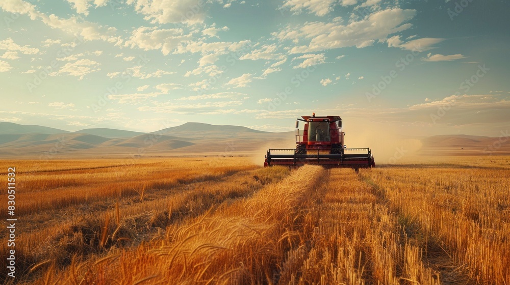 Obraz premium Chronicle the journey of a self-driving combine as it reaps the harvest of tomorrow, guided by algorithms and GPS satellites.
