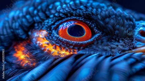  A close-up of an animal's eye with vibrant orange and blue details Its body bears bright orange and thin black stripes