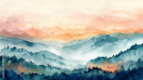 A painting of mountains with a blue sky and a few trees photo