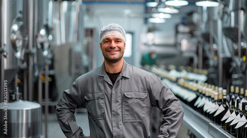 A cheerful worker in gray overalls and a hairnet stands in the lobby of the modern brewery A cheerful worker in gray overalls and a hairnet stands in the lobby of the modern brewery
