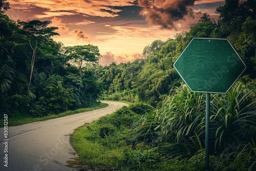 Hexagonal green road sign on a rural road curve with dense greenery and a vibrant sky. photo