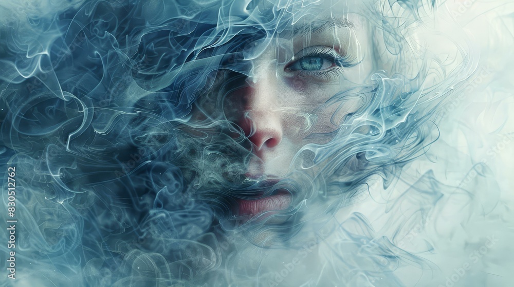 Highres artwork of a mysterious, sophisticated woman enveloped in ghostly smoke, exuding allure. Highres artwork of a mysterious, sophisticated woman enveloped in ghostly smoke, exuding allure.