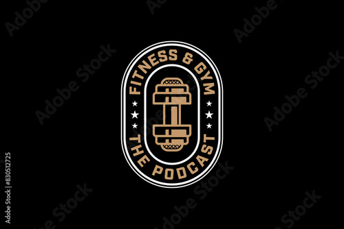 podcast with microphone and barbell logo design for gym sport and healthy entertainment