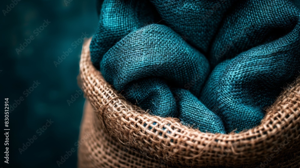 Obraz premium A tight shot of a burlap sack, bottom half wrapped in blue fabric against a blue backdrop
