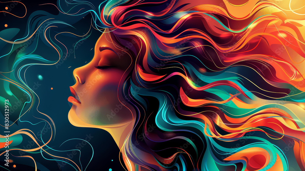 Vibrant abstract illustration of a woman with flowing hair merging with colorful, fluid patterns in high contrast.