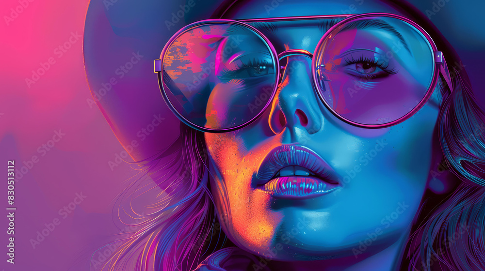 Vibrant and highres illustration of stylish woman in oversized sunglasses and chic hat. Vibrant and highres illustration of stylish woman in oversized sunglasses and chic hat.